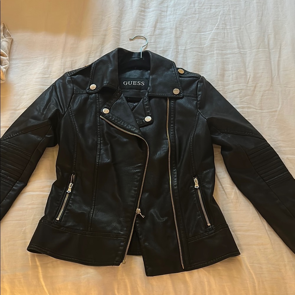 Guess Black Leather Moto Jacket with Quilted Detailing
